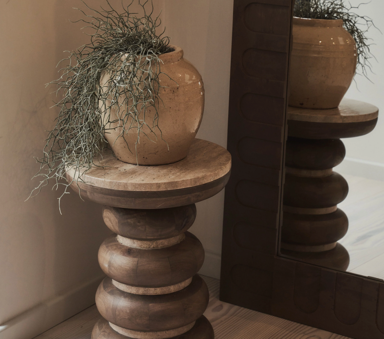 Belgravia  Beige Travertine Round Warm Wood Premium Side Table