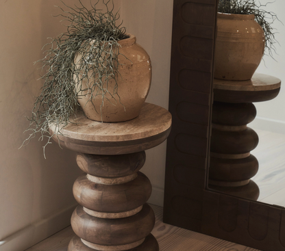 Belgravia  Beige Travertine Round Warm Wood Premium Side Table