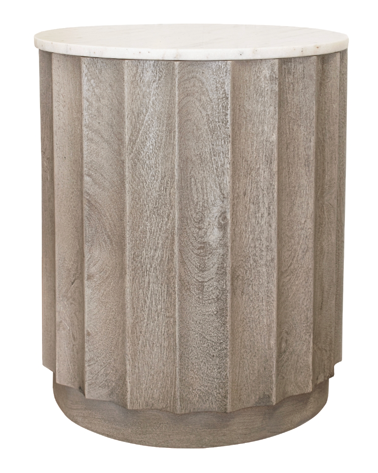 Fluted Washed Wood Side Table with Marble Top