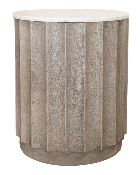 Fluted Washed Wood Side Table with Marble Top
