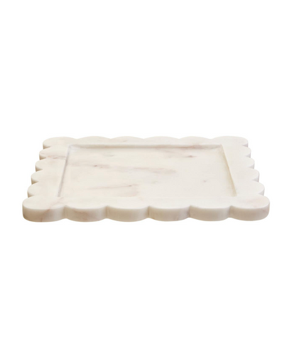 Savio White Marble Square Large Tray with Scallop Edges