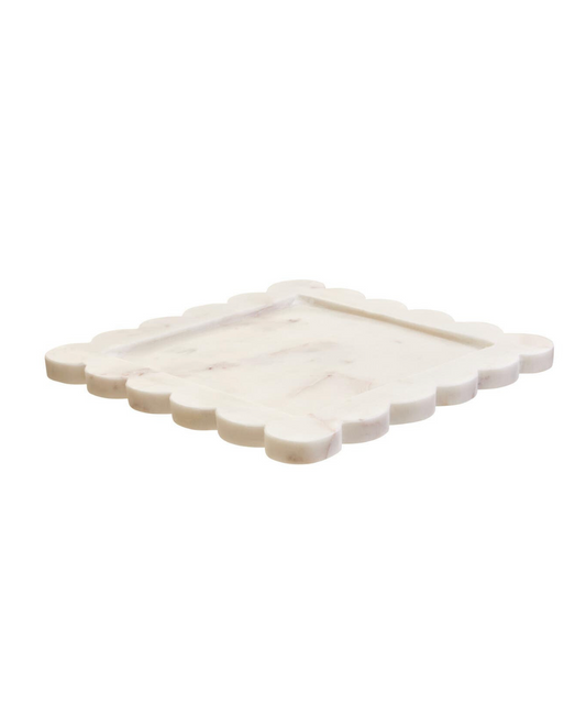 Savio White Marble Square Large Tray with Scallop Edges