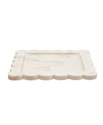 Savio White Marble Square Large Tray with Scallop Edges