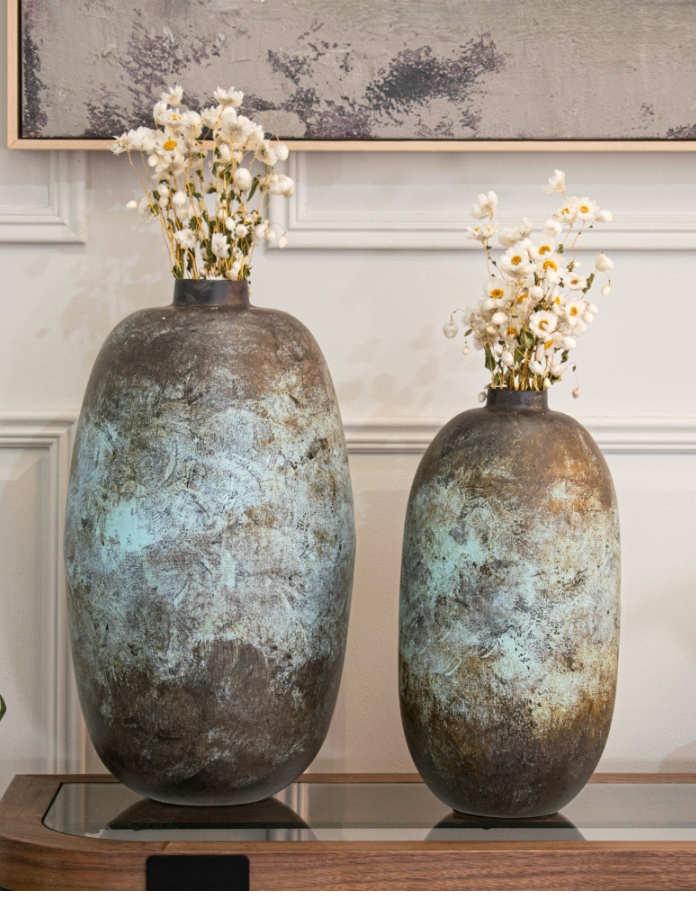 Set of 2 Bronze & Blue Weathered Metal Vases