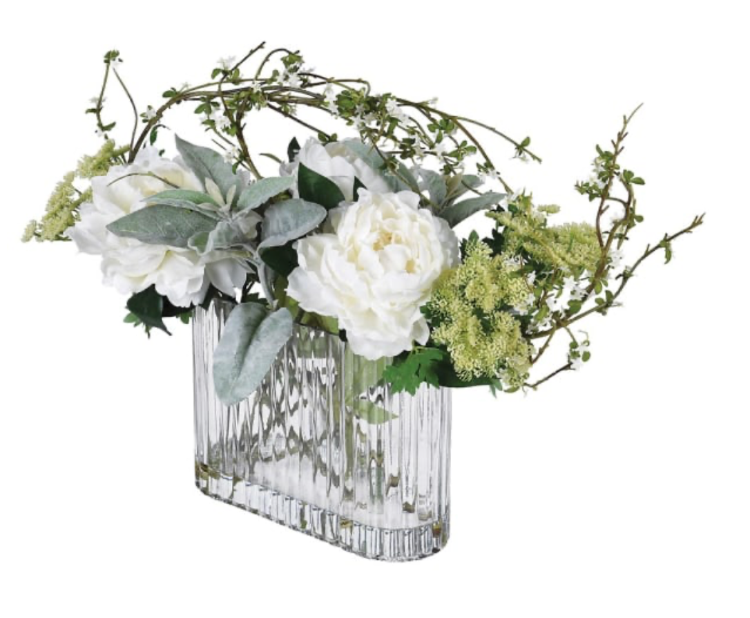 Peony and Willow Arrangement in Glass Vase