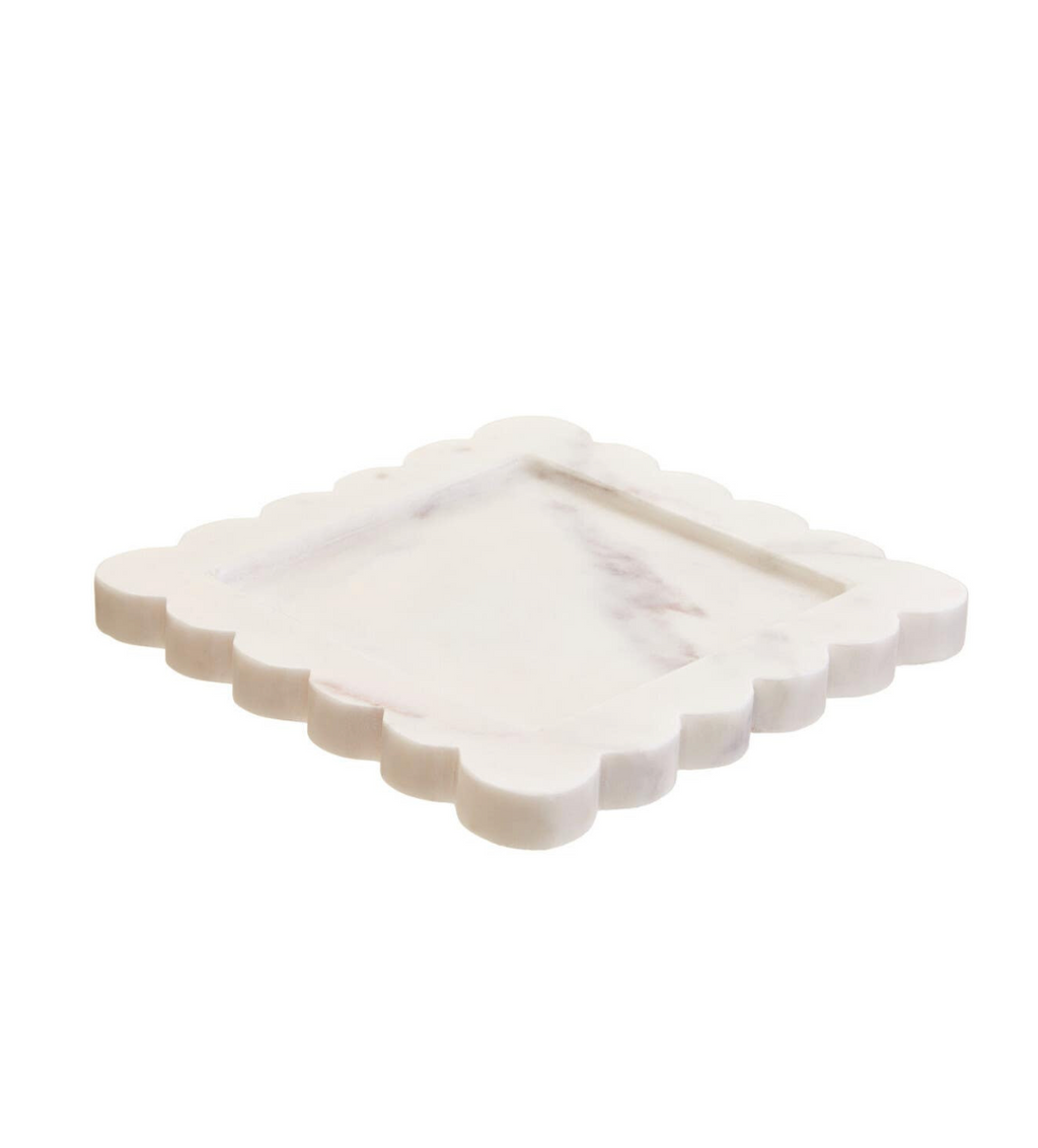 Savio White Marble Square Small Tray with Scallop Edges