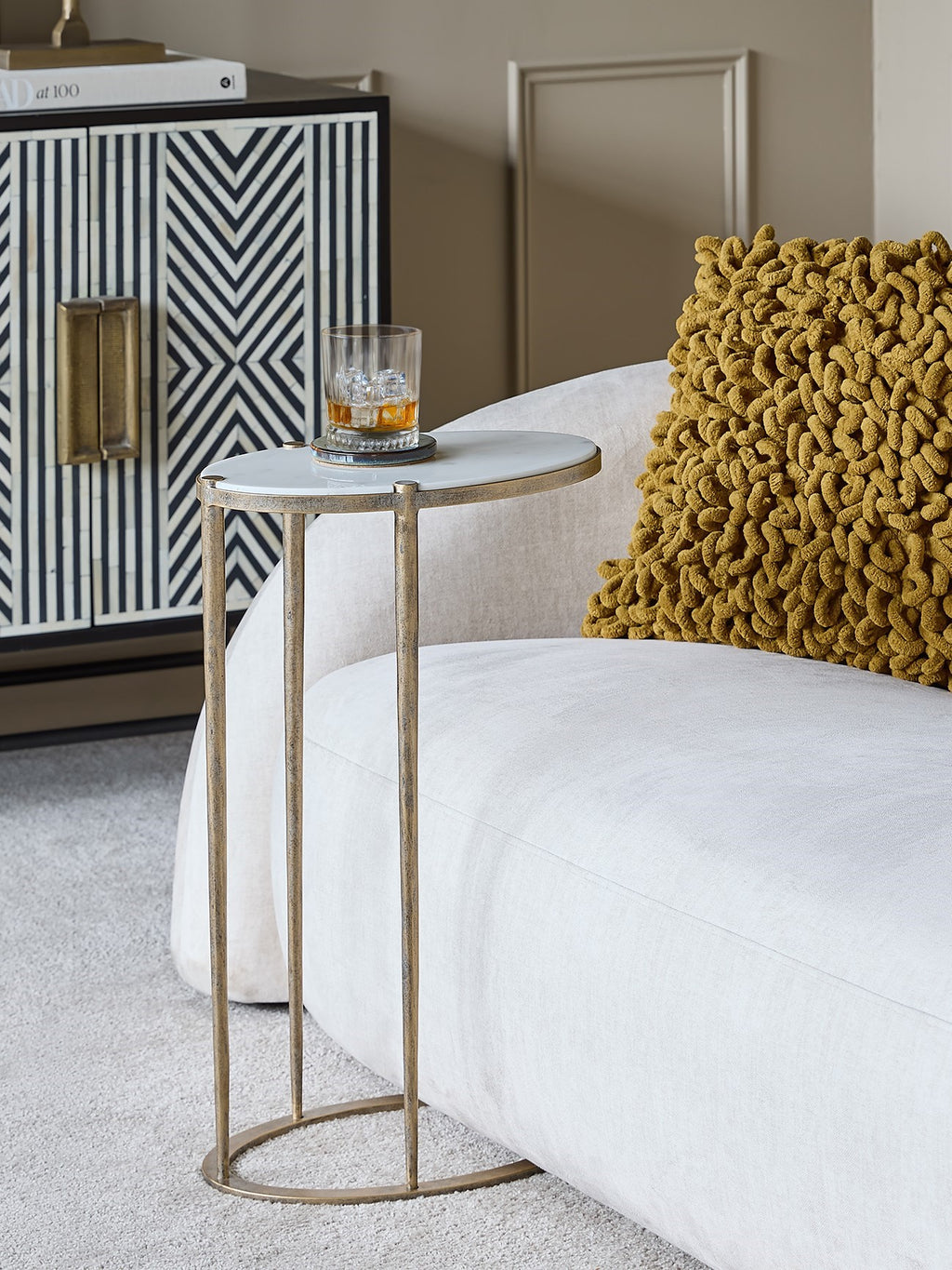 Iota Accent Table in White Banswara Marble & Aged Champagne
