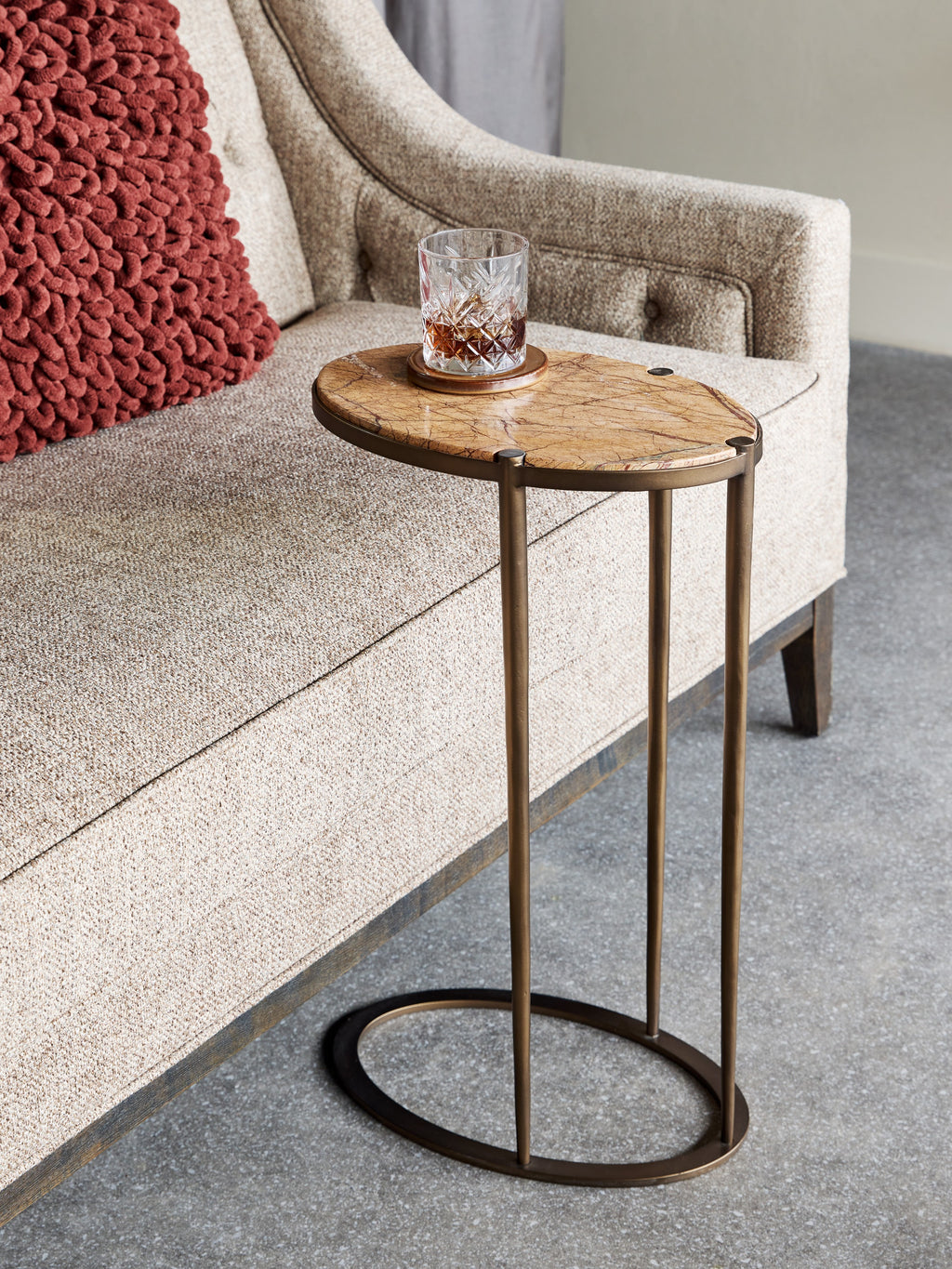 Iota Oval Accent Table in Forest Brown Marble with Smoked Gold Frame